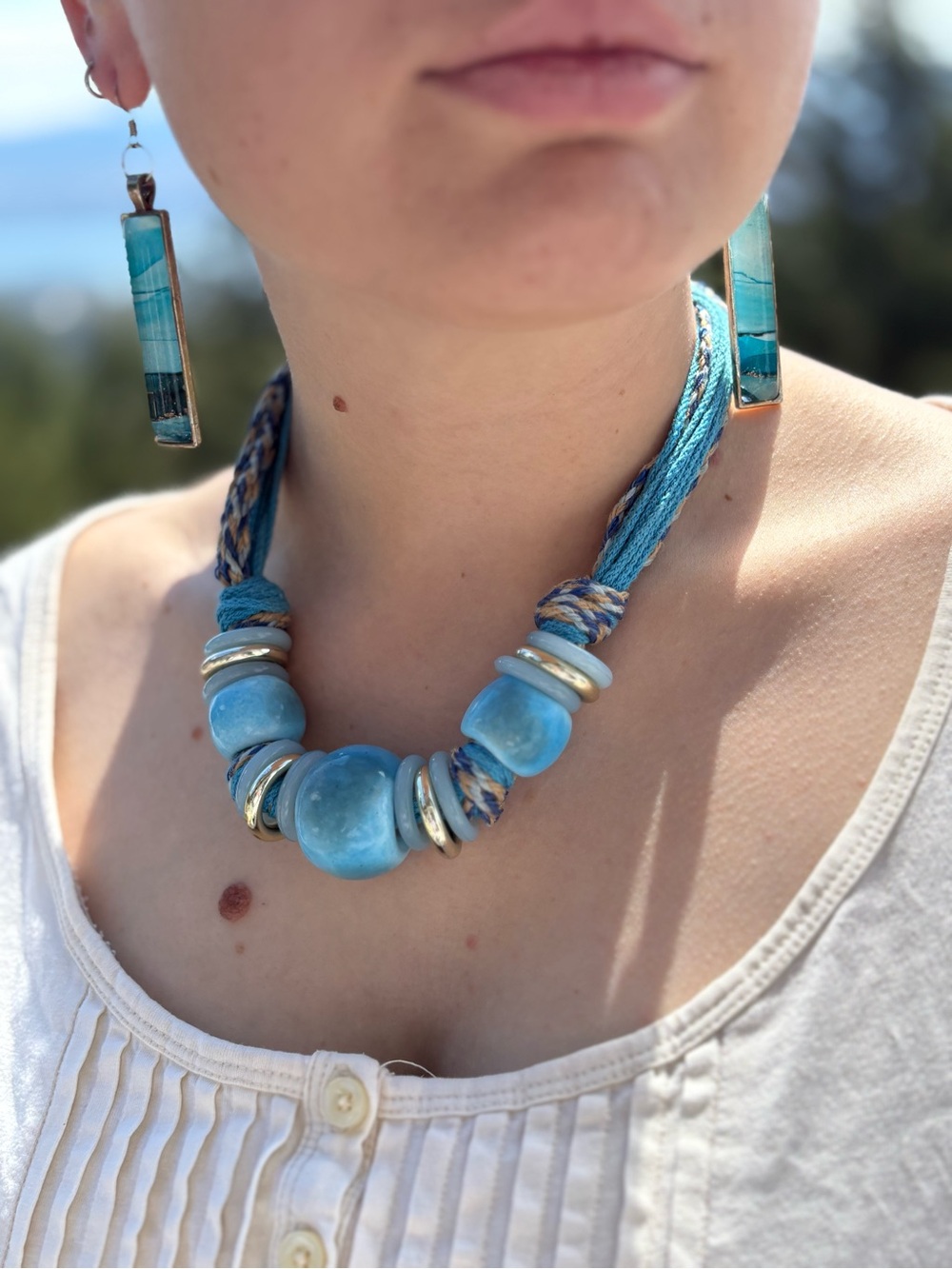 Italian Glass long Ocean Blue Earrings Silver Surrounds The Earring